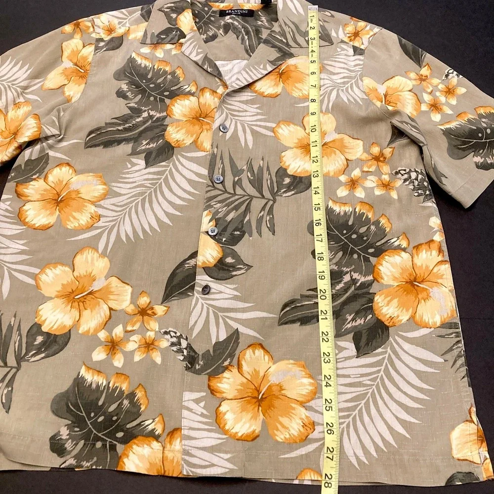 Brandini 100% Silk Hawaiian Shirt Men's Medium Green Yellow Hibiscus Palm Casual
